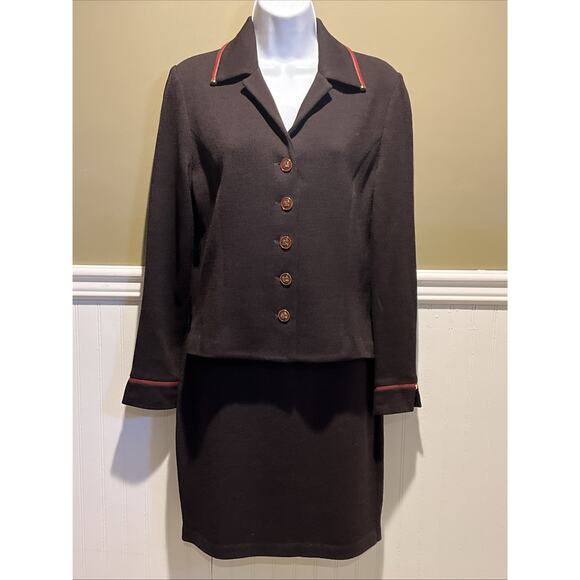 Vtg St John 2pc Skirt Suit Dk Brown Santana Knit Button Front Jacket Size 2 - Picture 1 of 15